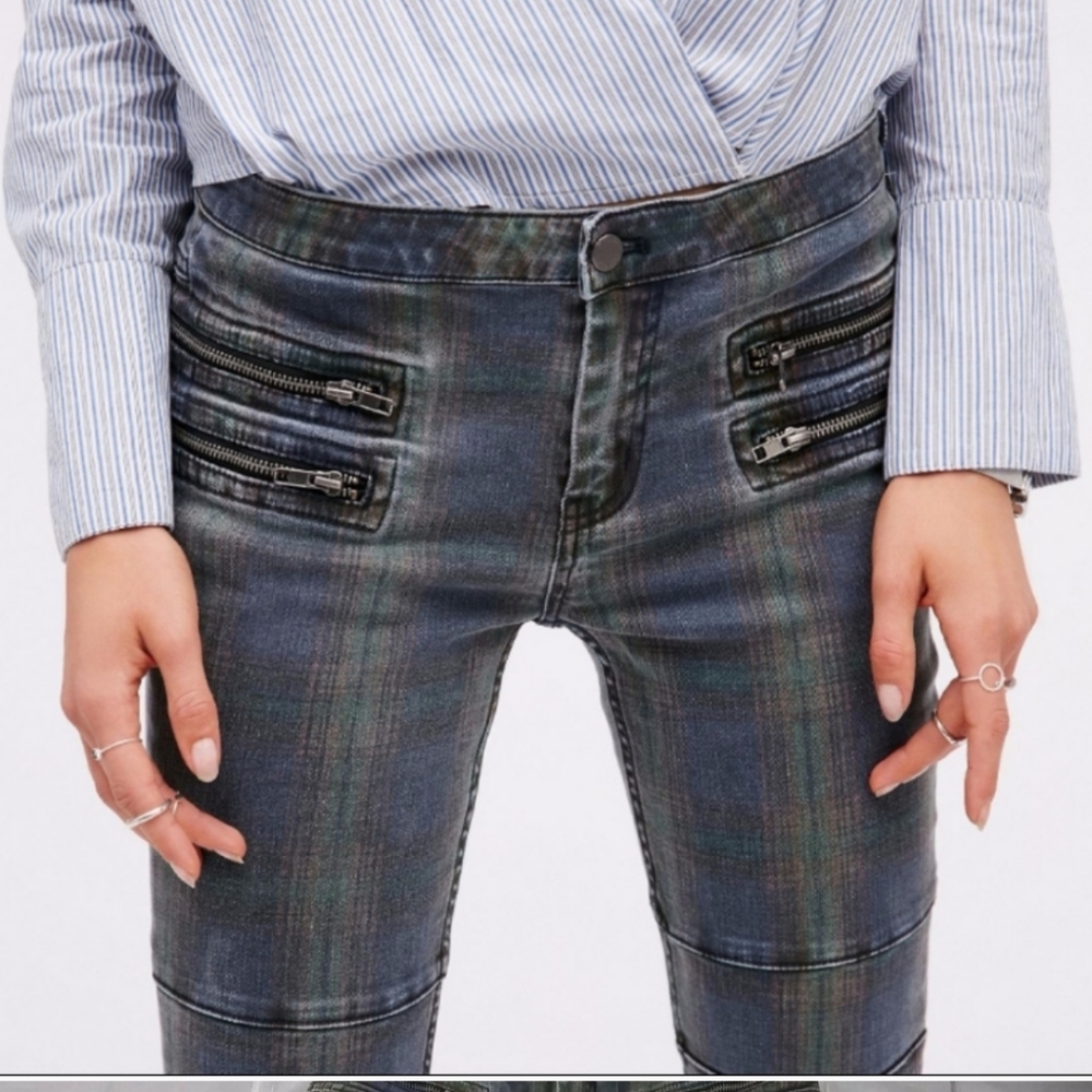 Free People Lennon Plaid Moto Zipper Skinny Jeans